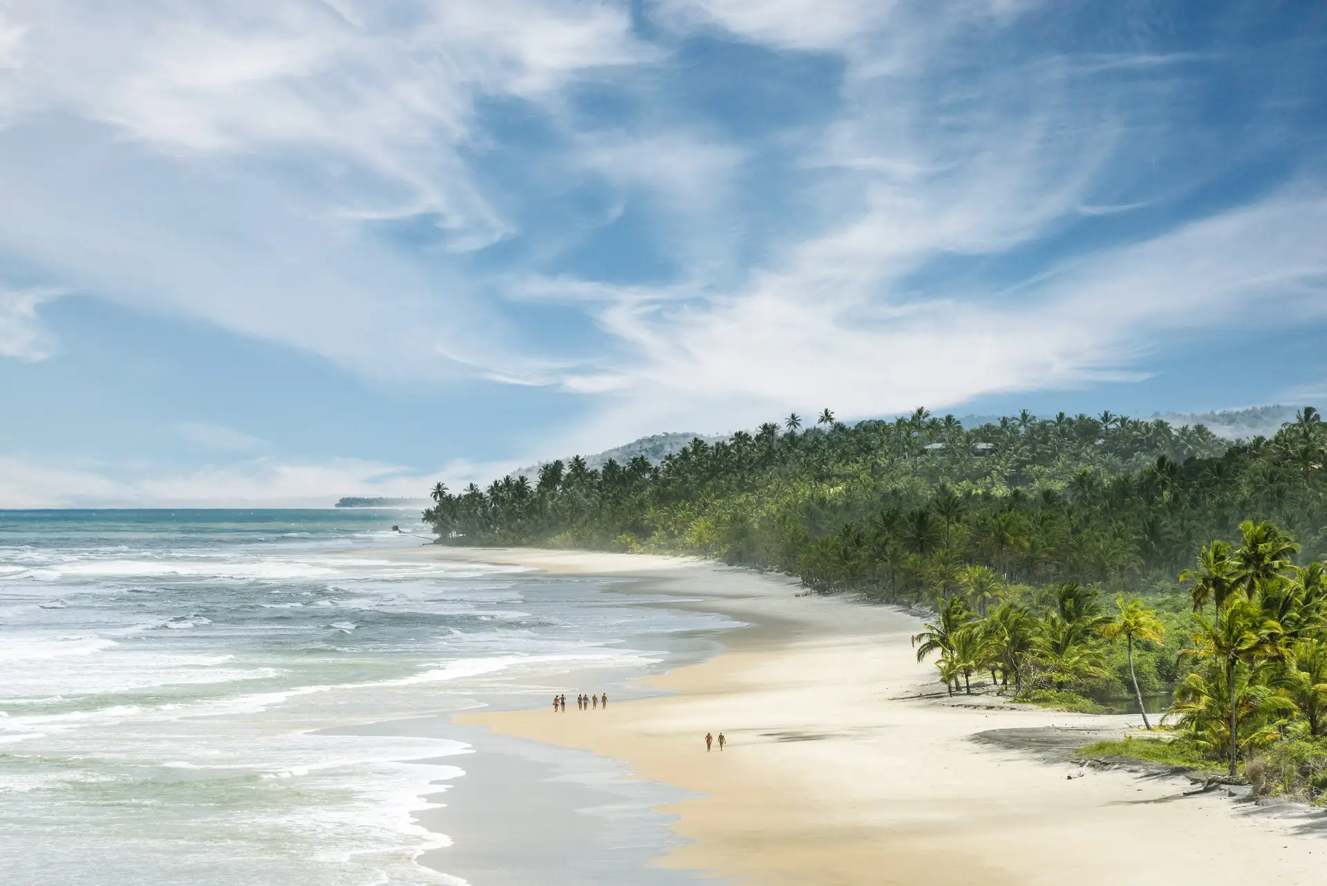 Uma praia aberta da costa de Itacaré: a faixa de areia em curva, o coqueiral e o mar com ondas