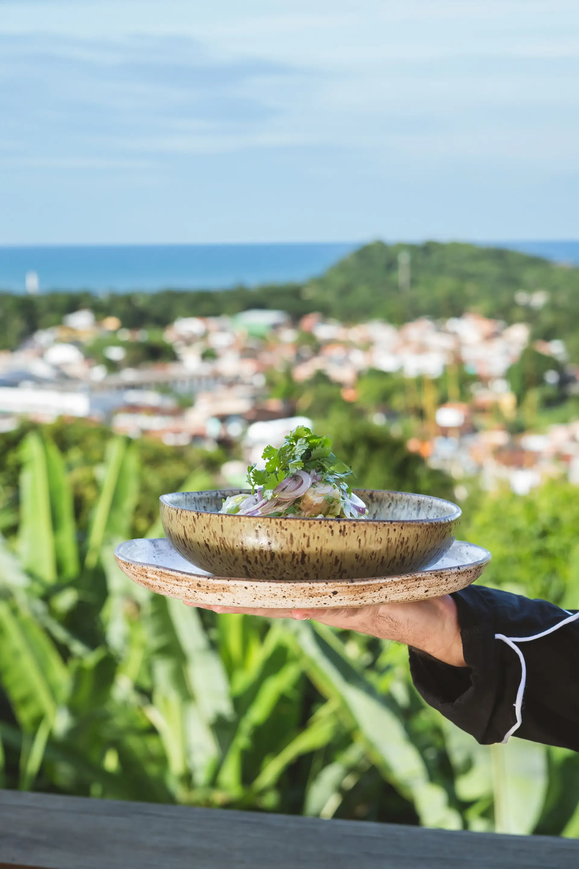 Prato servido no terraço do Nibs, com a vila e o mar ao fundo